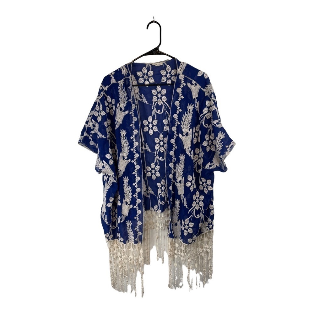 May & July Womens‎ Small Sheer Embroidered Fringe Cardigan Cover Up Blue white